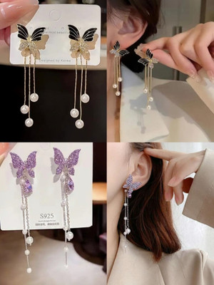 Miraclewood Trending Korean 2 pcs Butterfly Combo For Women Cubic Zirconia, Diamond, Pearl Alloy Drops & Danglers, Hoop Earring, Plug Earring, Earring Set