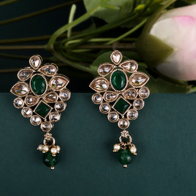 Saloni Fashion Jewellery Flower Shape Green Kundan Stone Pearl Gold Plated Dangle Earring For Women Cubic Zirconia Alloy Drops & Danglers