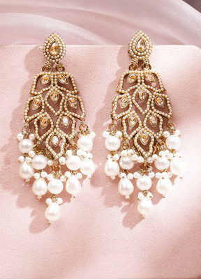 RUBANS 18K Gold Kundan Pearl Ivory White Long Chandelier Earrings Brass Drops & Danglers