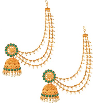 Vermont Gold-Plated Green Stone Handcrafted Bahubali Devsena Jhumkas With Ear Chain Brass, Alloy Jhumki Earring