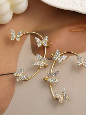 TVI Korean Golden Studded Butterfly Ear Climber Ear Cuff For Women/Girls Cubic Zirconia Alloy Cuff Earring