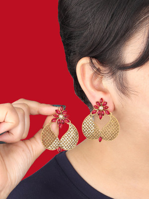 Dreamish Imitation Stylish Gold Plated Kundan Studded Beads Drop Danglers Chandbali Earrings Cubic Zirconia Brass Drops & Danglers