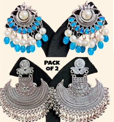 tanshu Pack Of 2 Celebrity Inspired Silver Oxidised Earrings And Kundan Earrings Beads Brass Chandbali Earring, Hoop Earring, Stud Earring