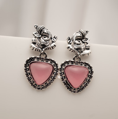 YOGINI JEWELS Ganesh Grace Oxidized Dangler Earrings Moonstone Brass Stud Earring, Earring Set