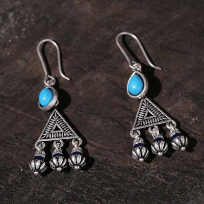 Voylla Moksha Triangles Blue Stone Earrings Brass Drops & Danglers