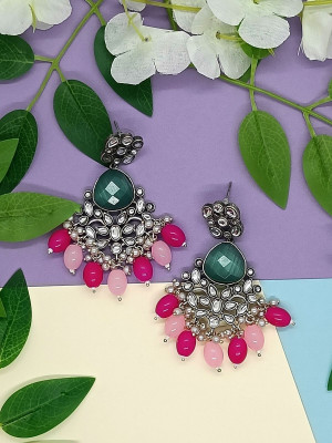 Fashion Fusion Silver Plated Kundan and Hydro Beads Stone Ethnic Drop Dangle Earrings Pearl Brass Drops & Danglers