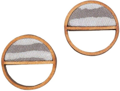 Whe Grey Line Repurposed Fabric and Wood Semi Circle Stud Earrings Wood Ear Thread