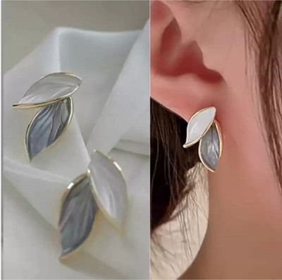 Saugaat Craft Korean Style White Grey Leaf Pattern Stud Earrings Cubic Zirconia Alloy Rhinestone Studs