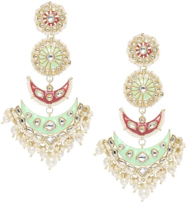 Oomph Mint Green & Pink Meenakari Enamel Kundan with Pearls Large Beads, Crystal Alloy Chandbali Earring