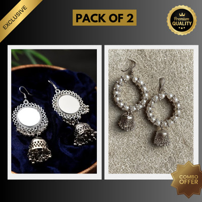 Silveroxidised Combo Set Of 2 Ethnic Silver Mirror Earrings And Sparkling Pearl Jhumka Alloy Jhumki Earring, Earring Set, Drops & Danglers, Tassel Earring