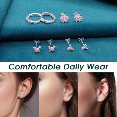 THANU'S CRAFT Elegant 4 Pair 18K Gold Plated Pink CZ Butterfly Flower Hoop Earrings Crystal Metal Stud Earring