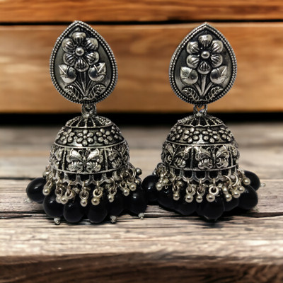 Opal Touch Exquisite Oxidized Jhumkas with delicate Hanging Moti Cubic Zirconia Brass Jhumki Earring