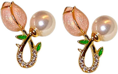 Freebies Infinity Pearl Studs – Stylish Crystal Leaf Design Earrings Metal Drops & Danglers