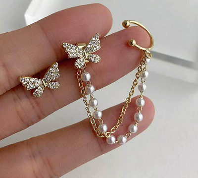 alysa Butterfly Inspired Unpaired Cubic Zirconia Alloy Drops & Danglers, Cuff Earring