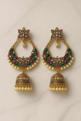 ZuriFinds Designer Festive Jhumkas with Pearl Droplets Indian Ethnic Jewelry Pearl Alloy Jhumki Earring