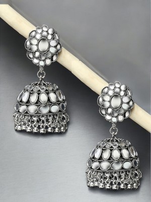 Sangria Oxidised Silver Jhumka Earrings - Mirror Kundan Work Beads, Crystal Alloy Jhumki Earring