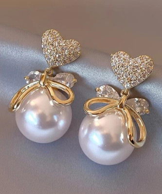 Dazzle Design AD Studded Heart Cubic Zirconia pearl Drop Earrings for girls and women Cubic Zirconia, White Zircon Alloy Stud Earring, Drops & Danglers
