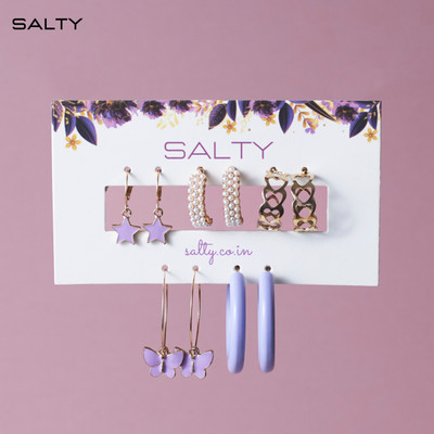 Salty Women & Girls Combo of 5 Lilac Golden Hoop Alloy Earring Set