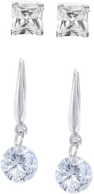 Oomph Combo of 2 Delicate Silver Tone Square & Round Cubic Zirconia Ear Stud & Drop Cubic Zirconia, Crystal, Zircon Alloy Stud Earring