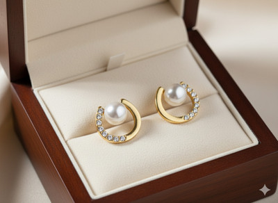 Diyaana Diyaana Creation Golden Aura Pearl Hoop Stud Earrings. Cubic Zirconia Alloy Stud Earring