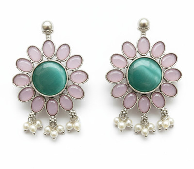 MORYA ENTERPRISE Pink & Green Oxidised Ethnic Earrings Beads, Crystal Brass Drops & Danglers
