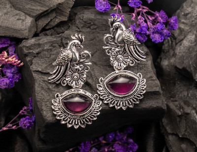 YOGINI JEWELS Royal Peacock Stone Earrings Moonstone Brass Stud Earring