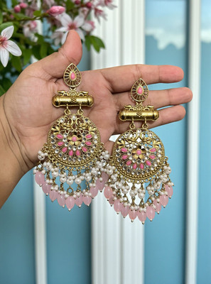 SAZOYA peach pink Traditional Polki Kundan Pearl Drop Chandbali Earrings Alloy Chandbali Earring