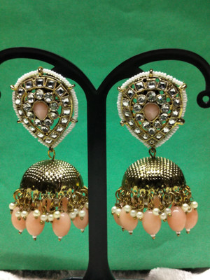MegaSaver White Pearl Bordered Gold Plated Long Jhumka with Kundan Alloy Jhumki Earring
