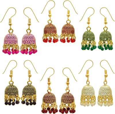 FRESH VIBES Multicolor Golden Jhumka Combo Set Pack of 6 small Jhumki Earrings for Girls Pearl Alloy Jhumki Earring
