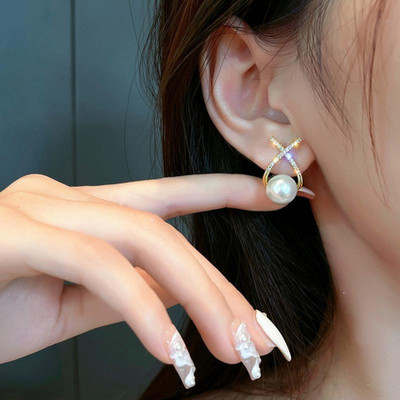 Vembley Korean Studded Cross Big White Pearl Drop Earrings For Women/Girls Cubic Zirconia Alloy Stud Earring