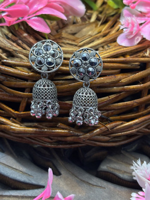 SHYAMZAN Elegant Silver-Toned Filigree Drop Earrings with Black Stone Detailing Alloy Jhumki Earring