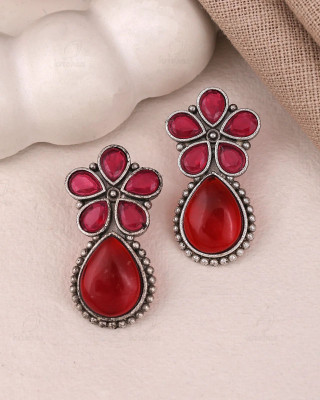 ModeandMinimal Red Stone Floral Drop Oxidised Silver-Plated Earring Brass Drops & Danglers
