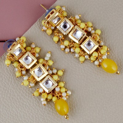 Lucky Jewellery Traditional Back Meenkari Gold Plated uncut kundan Yellow Earrings Beads Alloy Drops & Danglers
