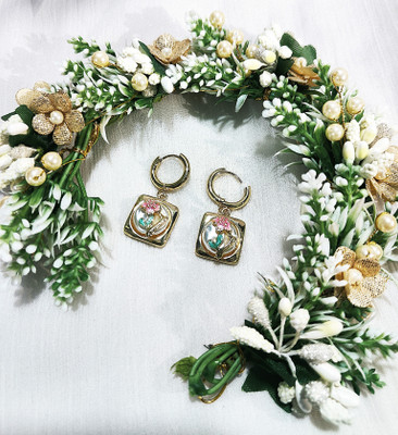 VdeLante 18K Gold Plated Purple Flower Drop Earrings | Enamel Charm with Green Leaf Zircon Stainless Steel Drops & Danglers