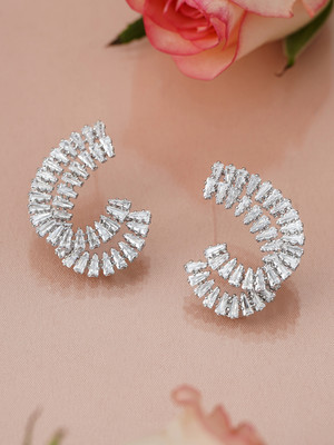 RUBANS Rhodium-Plated White Cubic Zirconia Studded Spiral Design Stud Earrings Brass Stud Earring