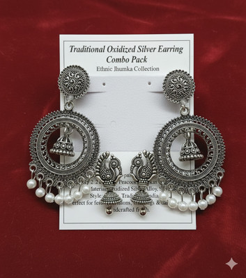 MJ and Daughters Traditional Oxidized Silver Ethnic Jhumka Earring Combo Pack with two pairs Pearl Alloy Jhumki Earring