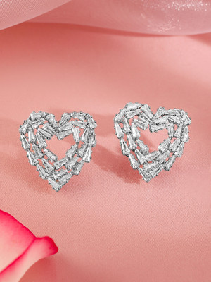 RUBANS Rubans Rhodium-Plated Baguette Cubic Zirconia Studded Open Heart Stud Earrings Cubic Zirconia Brass Stud Earring