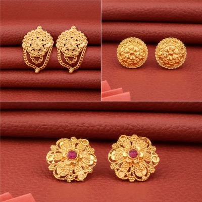 Romil Traditional Gold Plated Stud Earrings Set for Women (Pack of 3 Pairs) Cubic Zirconia Brass Stud Earring