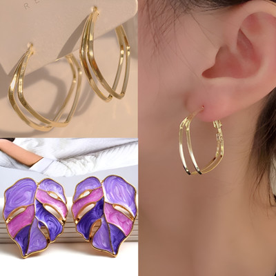 BLINGEE Korean Earrings Combo For Women Girls Gold Hoop Leaf Stylish Trending Trendy Alloy Earring Set, Stud Earring, Hoop Earring