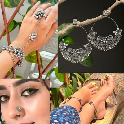 ISLANA Combo of 4 Nospin, Opanebal bracelet and bangle for Women & Girls, Payal Anklet Alloy Chandbali Earring