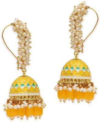 fabula Yellow Meenakari Enamel Pearls Ethnic Jhumka Earrings For Women & Girls Latest Pearl, Mother of Pearl Alloy Jhumki Earring