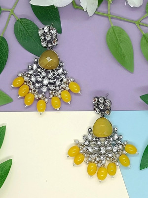 Fashion Fusion Silver Plated Kundan and Hydro Beads Stone Ethnic Drop Dangle Earrings Pearl Brass Drops & Danglers