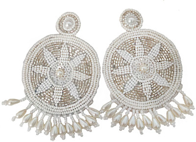 Fuschianet White Seed Beads Round Earring Fabric Earring Set