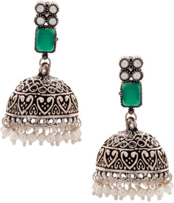 RUBANS Oxidised Silver Toned Faux Emerald Studded Jhumka Earrings Alloy Jhumki Earring