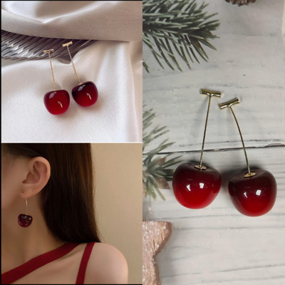 Suffix Retail Cute Fruit Cherry Drop Korean Earrings Pair Cubic Zirconia Alloy Stud Earring