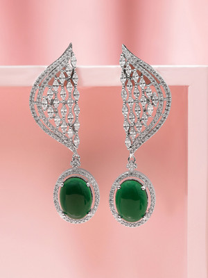 RUBANS Rhodium-Plated Emerald Green & White Cubic Zirconia Studded Premium Drop Brass Drops & Danglers