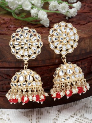 ZENEME Red Kundan & White Pearls studded Flower Shaped Vilandi Jhumka Earrings Pearl Metal Jhumki Earring