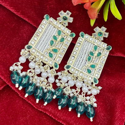 HEER HENI WHITE GOLD PLATED KUNDAN & PEARLS WORK EARRINGS FOR WOMEN Amethyst Alloy Chandbali Earring, Drops & Danglers