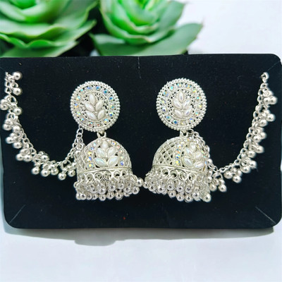 Vigilantee Jewels White Bahubali Jhumka Earrings hair Chain Silver White Jhumki Earring Beads Alloy Jhumki Earring, Ear Thread, Drops & Danglers, Chandbali Earring
