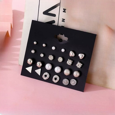 TheVineGirl Combo of 12 Pair Silver Heart Triangle Round Pearl Stud Earrings For Women/Girls Cubic Zirconia Alloy Stud Earring